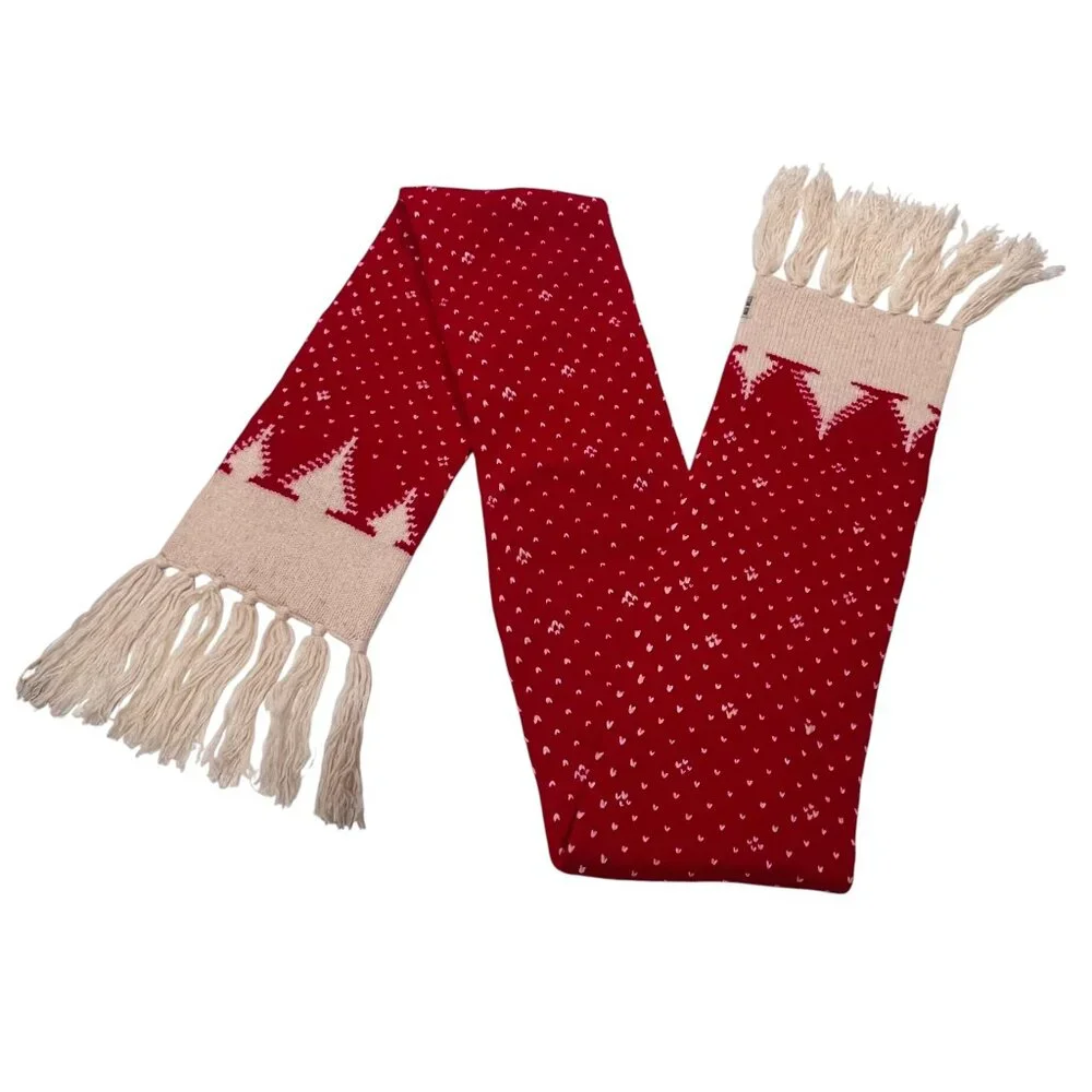 Jack Wills Wool Blend Nordic Tree Scarf, NWOT, Red Cream, OS